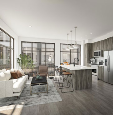 The Line apartment interior rendering of a kitchen space with an island, couch, and wall of windows