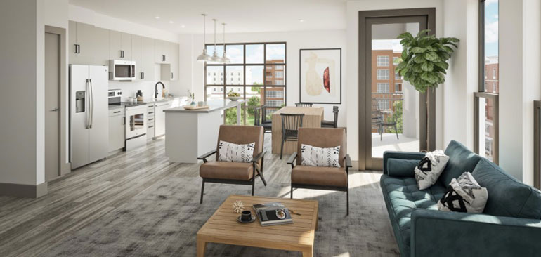 The Line rendering of a living room and kitchen in an apartment. Featuring a couch, accent seating, and island in the kitchen, and an entrance to the patio off of the living room