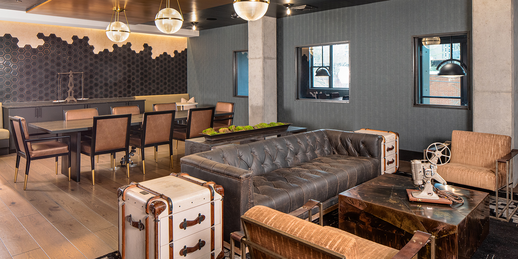 The Line boxcar lounge amenity with co-working and social space